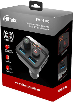 Автомобильный FM-модулятор Ritmix FMT-B100 черный MicroSD BT USB (80000554)
