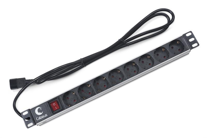 Cabeus PDU-8P-2IEC Блок распределения питания для 19" шкафов, горизонтальный, 8 розеток, 10 A, выключатель, алюминиевый корпус, шнур 2 м, вилка IEC 320 C14