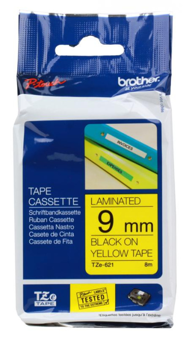 Ламинированная лента для печати этикеток Brother TZe-621 ширина 9мм, 8м, чёрный на жёлтом
