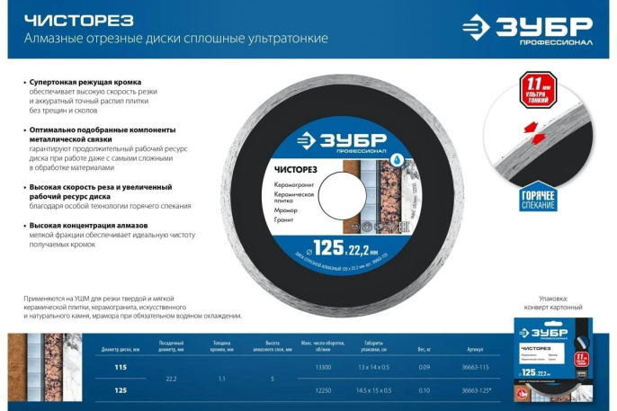 Диск отрезной Зубр 36663-115 d 115мм d посад. 22.2мм угловые шлифмашины