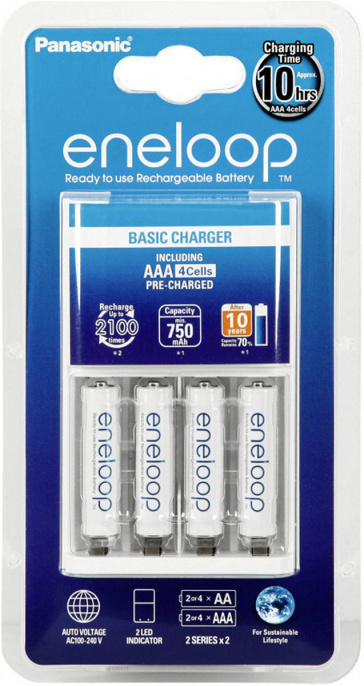Зарядное устройство для аккумуляторов Panasonic Eneloop BQ-CC51/4xBK-4MCCE Basic Charger K-KJ51MCD04E AC 100-240V 50-60Hz, фиксированная вилка, DC 3V, AA 250mA x 2, AAA 120mA x 2