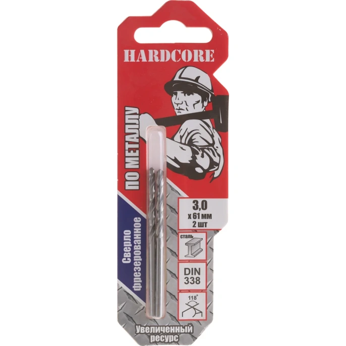 Сверло по металлу фрезерованное (2 шт; 3х61 мм) Hardcore 140030
