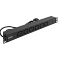 Блок розеток с кабелем с евровилкой ExeGate ServerPro PDU-19H013 Al-6C19-EU3CU (19", 1U, Алюминий, 6*IEC 320 C19, Евровилка EU/Тип F(Schuko) VDE-250V-16A-3*1.5mm2, медь, 3 метра, индикатор питания, черный, RTL) EX280871RUS