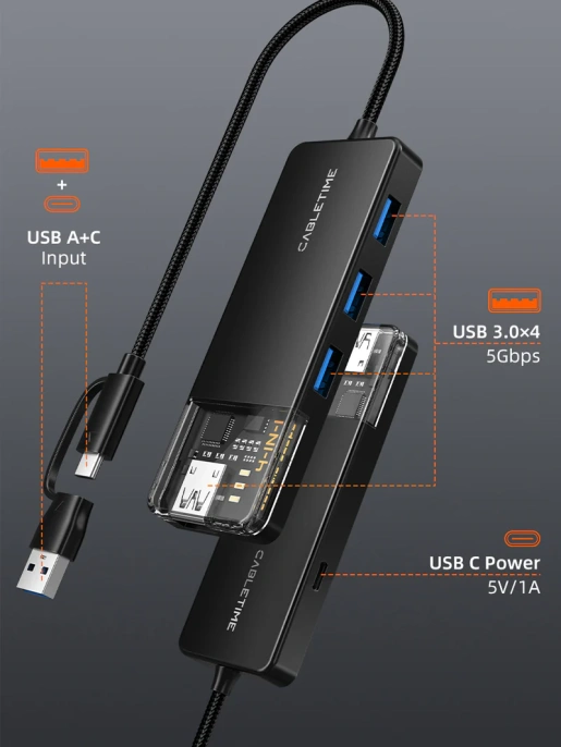 Концентратор CABLETIME CB03B (CT-HUBT3-PB) 4 порта, 5Gbps, 0.15 м, с адаптером USB-C, USB-хаб для ноутбука и ПК