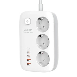 LDNIO SE3436/ Сетевой удлинитель 2м/ 3 розетки/ 3250W/ 4 USB: QC 4.0+PD 3.0+PPS/ GAN 65W/ White