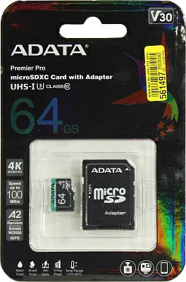 Карта памяти A-DATA AUSDX64GUI3V30SA2-RA1 microSDXC Memory Card 64Gb A2 V30UHS-I U3 Class10 + microSD-- SD Adapter