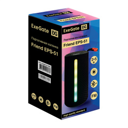Портативная BT-колонка ExeGate Friend EPS-51 2*5Вт, 50-20000Гц, Bluetooth, с поддержкой USB и TF/microSD карт, FM, Li-Ion 1200mAh, цвет черный, RGB подсветка, зарядка USB Type-C, Color Box EX289737RUS
