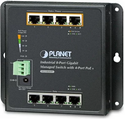 WGS-804HPT индустриальный коммутатор PLANET. IP30, IPv6/IPv4, 8-Port 1000TP Wall-mount Managed Ethernet Switch with 4-Port 802.3AT POE+ (-40 to 75 C), dual redundant power input on 48-56VDC terminal block and power jack, SNMPv3, 802.1Q VLAN, IGMP Snooping