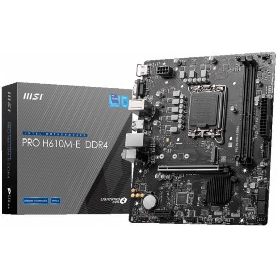 Материнская плата MSI PRO H610M-E DDR4 H610, LGA1700, 2*DDR4, 1*PCIEx16, 1*PCIEx1, 1*M.2, 4*USB3.2Gen1, 8*USB2.0, 4*SATA3.0, 1G, VGA, HDMI, M-ATX, RTL