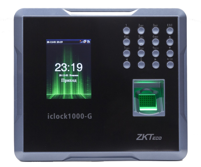 Терминал контроля доступа ZKTeco iClock1000-G количество шаблонов отпечатки пальцев: 3000, количество бесконтактных карт: 3000, ZK оптический сенсор, 2,8" TFT дисплей, интерфейсы связи: TCP/IP,USB-хост, GPRS, Wi-Fi, 3G, опционально: Mifare, код работы,