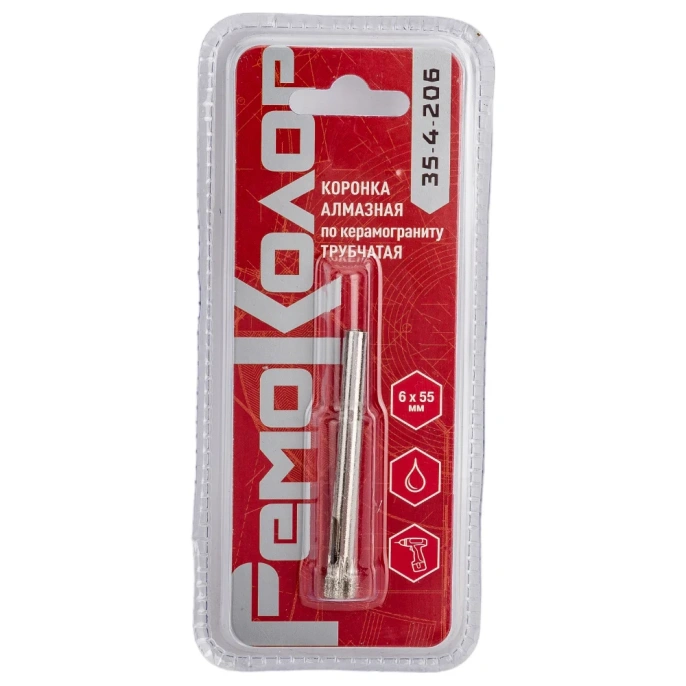 Коронка алмазная по стеклу и керамограниту (6x55 мм; цилиндрический хвостовик) РемоКолор 35-4-206