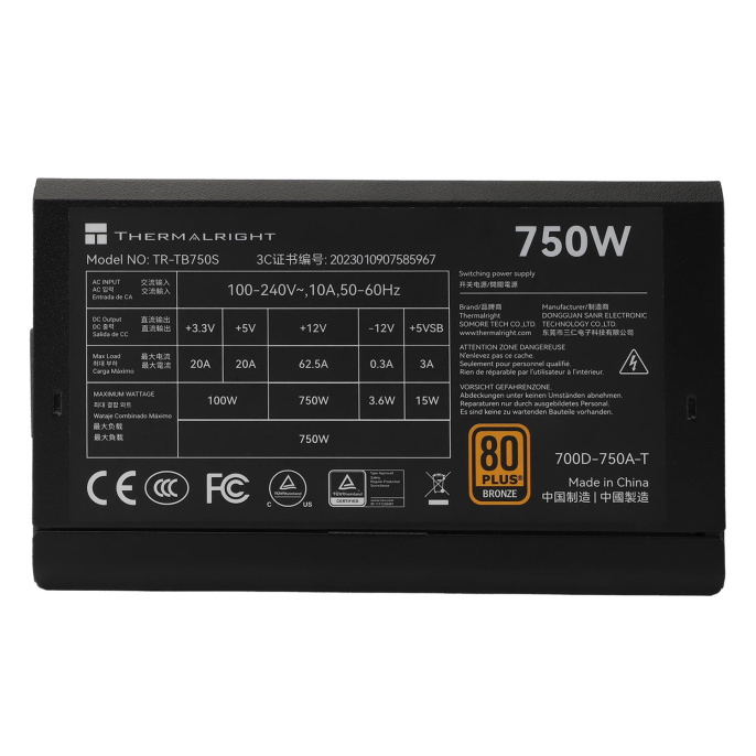 Блок питания 750W/ Power Supply Thermalright, 750W 80+ Bronze ATX, 3.0, PCIe 5.0, Non-modular, 1x24 20+4 pin 550mm, 1xCPU*2 8 4+4 pin 600+150mm, 1xPCIe*2 8 6+2 pin 500+150mm, 1x12VHPWR PCIe 5.0 12+4pin 600mm, 1xSATA*3+MOLEX4pin*1 400+150+150+150mm, 1xSAT 