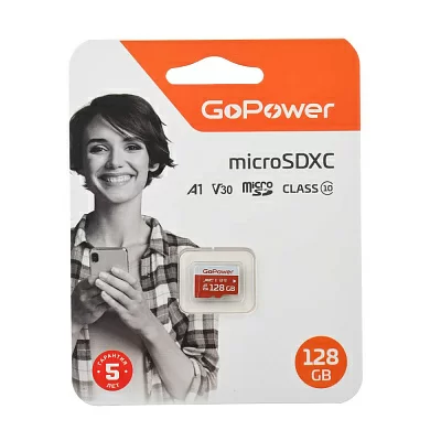 Карта памяти microSD GoPower 128GB Class10 UHS-I (U3) 100 МБ/сек V30 без адаптера 00-00025683