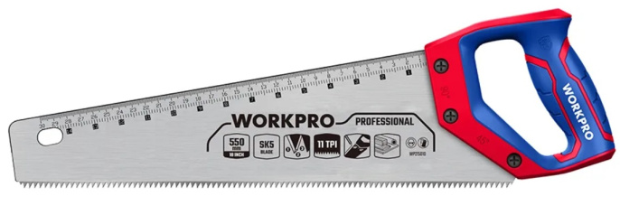 Ножовка WorkPro WP215012 550мм эргономичная ручка, со шкалой, прочное пильное полотно SK5, острые трехгранные зубья, конструкция 11 TPI, подходит для твердых пород древесины, подходит для