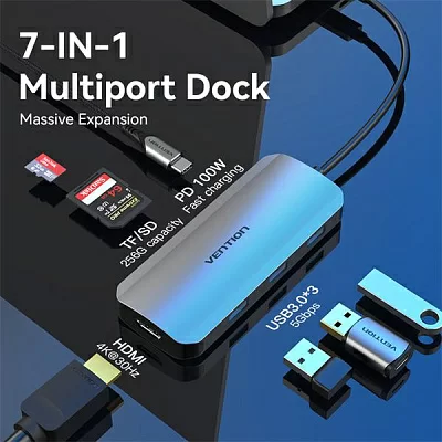 Порт-репликатор Vention TOJHB USB-C to HDMI/USB 3.0x3/SD/TF/PD Docking Station Gray 0.15M Aluminum Alloy Type