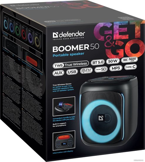 Портативная колонка DEFENDER Boomer 50 50Вт, BT/LED/MIC/TWS/Light/FM ,65450