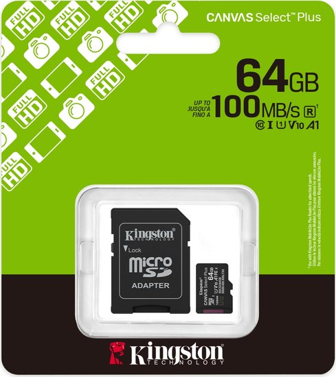 Карта памяти Kingston SDCS3/64GB  SecureDigital Micro 64GB microSDXC Canvas Select Plus Gen3 100MB/s A1 Card + Adapter (Full HD Video)