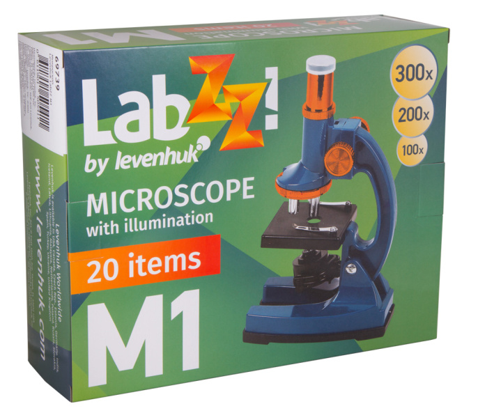 Микроскоп LEVENHUK LabZZ M1, световой/оптический/биологический, 100-300x, на 3 объектива, зеленый/оранжевый [69739]
