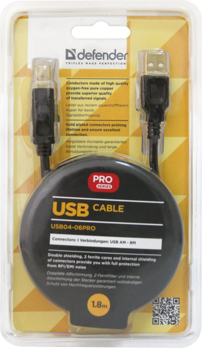 Defender USB04-06 PRO Кабель USB 2.0 для соед. 1.8м AM/BM , зол.конт, 2фер.фил. [87430]
