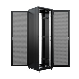 NTSS Шкаф напольный универсальный серверный NTSS R 18U 600х600мм, 4 профиля 19, двери перфорированная и перфорированная, боковые стенки съемные, регулируемые опоры, разобранный, черный RAL 9005 NTSS-R