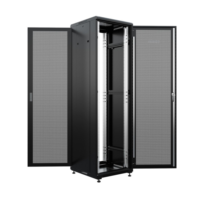 NTSS Шкаф напольный универсальный серверный NTSS R 18U 600х600мм, 4 профиля 19, двери перфорированная и перфорированная, боковые стенки съемные, регулируемые опоры, разобранный, черный RAL 9005 NTSS-R