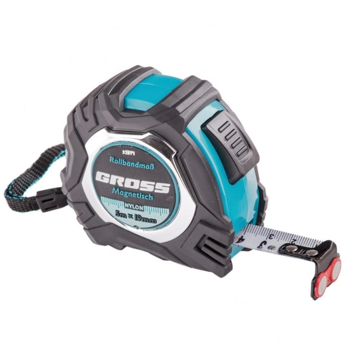 GROSS Рулетка Magnetisch, 5м х 19мм, обрезин. корпус,автоматич. фиксация, нейлон. покр.,магн.зацеп [32571]