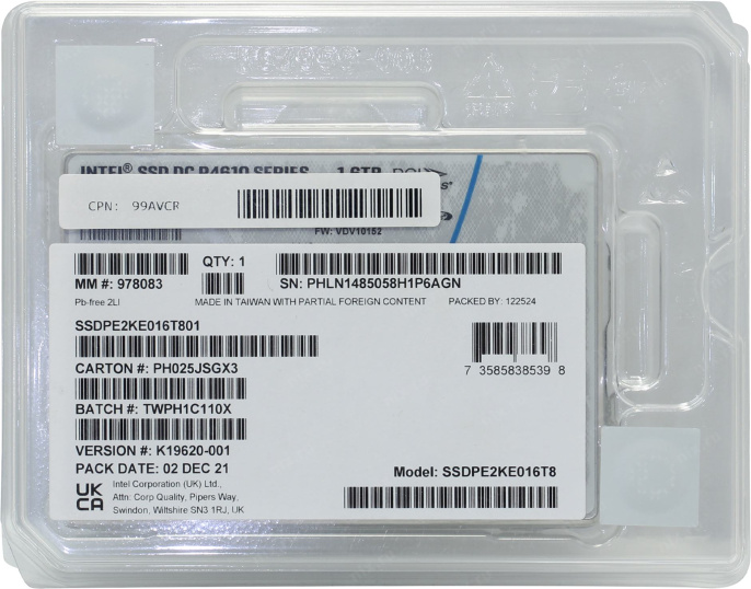 Накопитель SSD 2.5", U.2 Intel DC P4610 1.6TB SSDPE2KE016T801 3D TLC NAND, 3200/2080 MBps, 643000/199000 IOps Retail