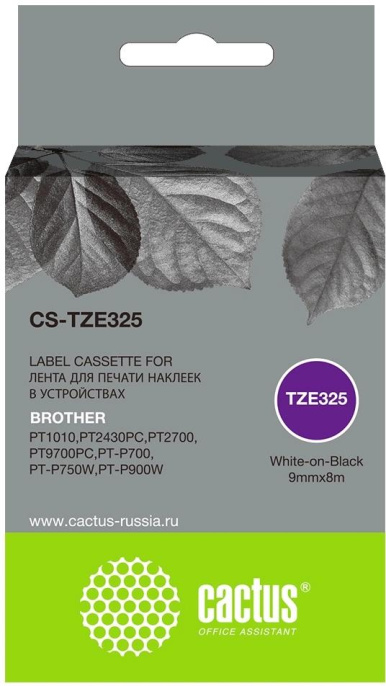Картридж Cactus CS-TZE325, TZE-325, 9мм,  белый шрифт, черный фон,  8м ( CS-TZE325