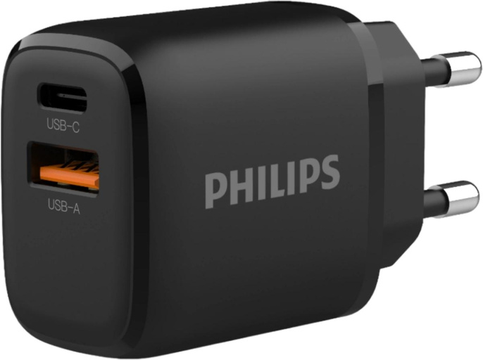 Сетевое зарядное устройство Philips DLP4327, USB + USB type-C, 25Вт, 1.5A, черный [dlp4327cb/70]