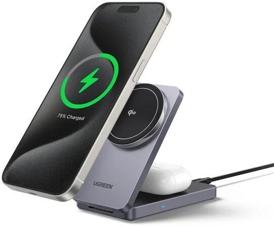 Беспроводное зарядное устройство 2-в-1 UGREEN W706 45023 2-in-1 Wireless Charger Qi2 for Iphone 15W &AirPods. Цвет: серый (45023_)