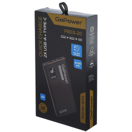 Внешний аккумулятор GoPower PB03-20 20000mAh 3.0A 22.5W 2USB/Type-C черный 1/50 00-00029660