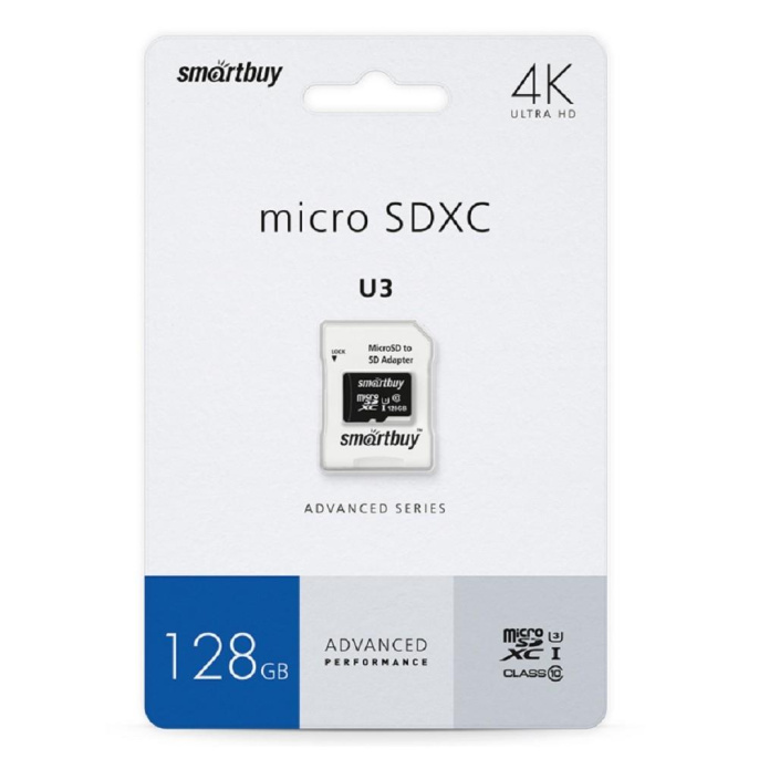 Micro SecureDigital 128GB Smartbuy U3 V30 A1 Advanced R/W up to 90/55 с адапт SB128GBSDU1A-AD