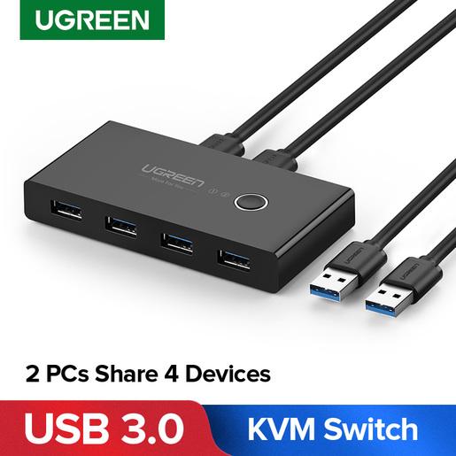 USB-хаб Ugreen US216 30768, Свитч, Вход: 1 порт USB-A 3.0 для двух компьютеров доступ есть только у одного компьютера ; Выход: 4 порта USB-A 3.0 для подключения 4-ёх периферийных устройств, Скорость до 5 Гбит/с, Порт питания Micro USB, драйве