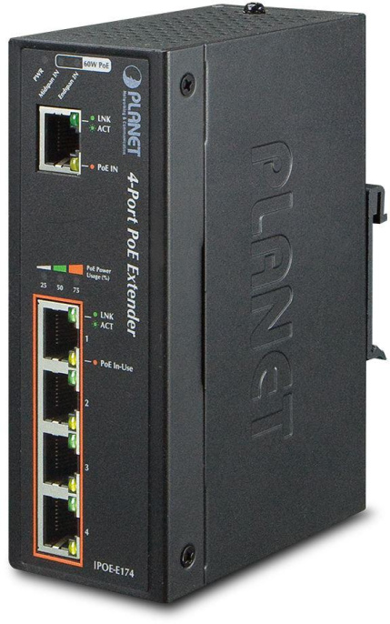 IPOE-E174 индустриальный PoE экстендер/ IP30 Industrial 1-Port 60W Ultra POE to 4-Port 802.3af/at Gigabit POE Extender -40 to 75 C