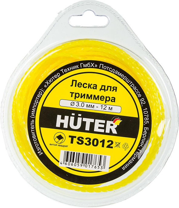 Леска для садовых триммеров Huter TS3012 d 3мм L 12м для Huter GGT-1900S T 71/2/3