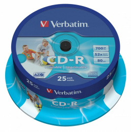 Оптический диск CD-R Verbatim 700МБ 52x, 25шт., cake box, printable [43439]