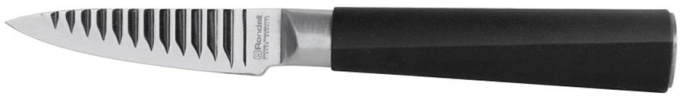 Нож кухонный Rondell Flamberg RD-684, универсальный, для овощей, 90мм, заточка рифленая, стальной, черный
