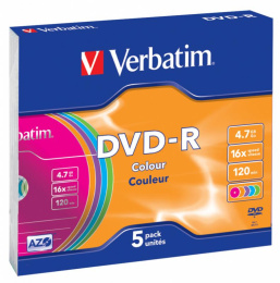 Оптический диск DVD-R Verbatim 4.7ГБ 16x, 5шт., slim case, разноцветные [43557]