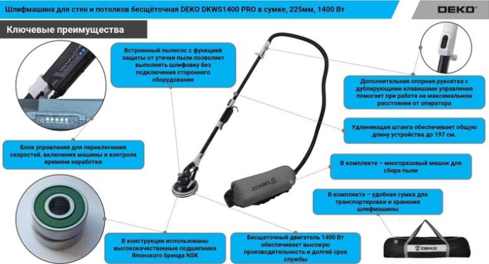 Шлифмашина для стен и потолков бесщёточная DEKO DKWS1400 PRO в сумке, 225мм, 1400 Вт 085-1062
