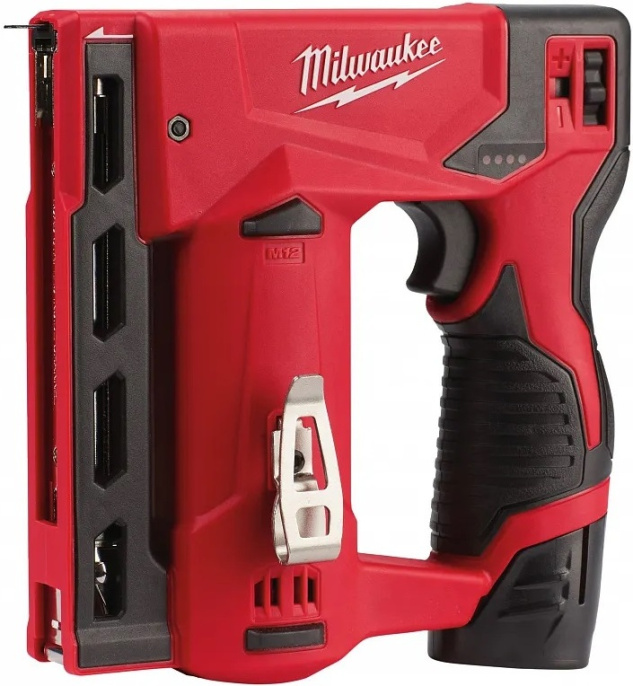 Степлер Milwaukee M12 BST-0 4933459634 тип скобы: Т50, емкость магазина: 84 шт; ширина скобы: 11,4 мм, длина скобы: 6-14 мм, количество циклов: 140 циклов/мин, АКБ