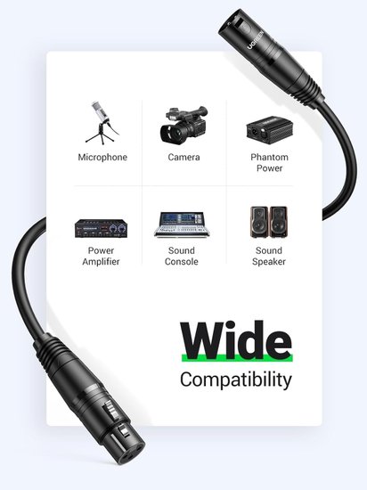 Кабель UGREEN AV130 20711 XLR Cannon Male to Female Microphone Extension Audio Cable. Длина: 3 м. Цвет: черный (20711_)