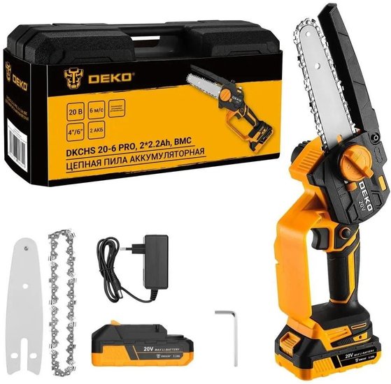 Цепная пила DEKO DKCHS 20-6 PRO, аккумуляторная, 20В, 2.2Ач, с двумя аккумуляторами [083-2012]