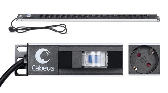 Cabeus PDU-16-20S-B Блок распределения питания для 19" шкафов, вертикальный, 20 розеток Schuko, 16А, автомат защиты, алюминиевый корпус, шнур с вилкой Schuko 2 м