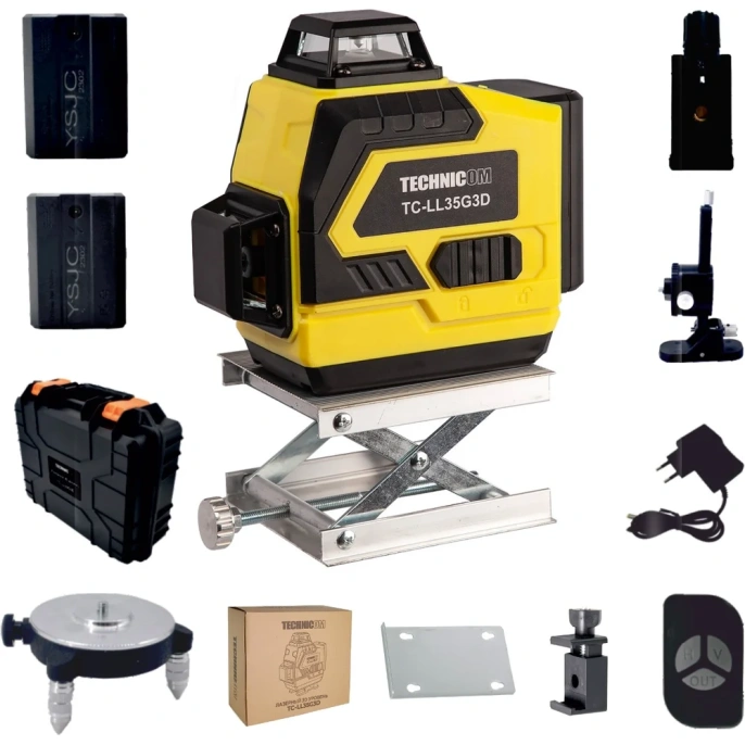 Лазерный 3D уровень TECHNICOM 12 лучей, дистанция 30м, 3 режима, 2 акб 2400мАч, цвет лазера зелёный TC-LL35G3D