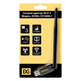 Сетевой адаптер Wi-Fi 4 ExeGate EDWA-137-N300-1 (Беспроводной USB адаптер, Wi-Fi N (b/g/n), чипсет Realtek8192, до 300 Мбит/с на 2,4 ГГц, внешняя 3dBi антенна, USB 2.0) EX299652RUS