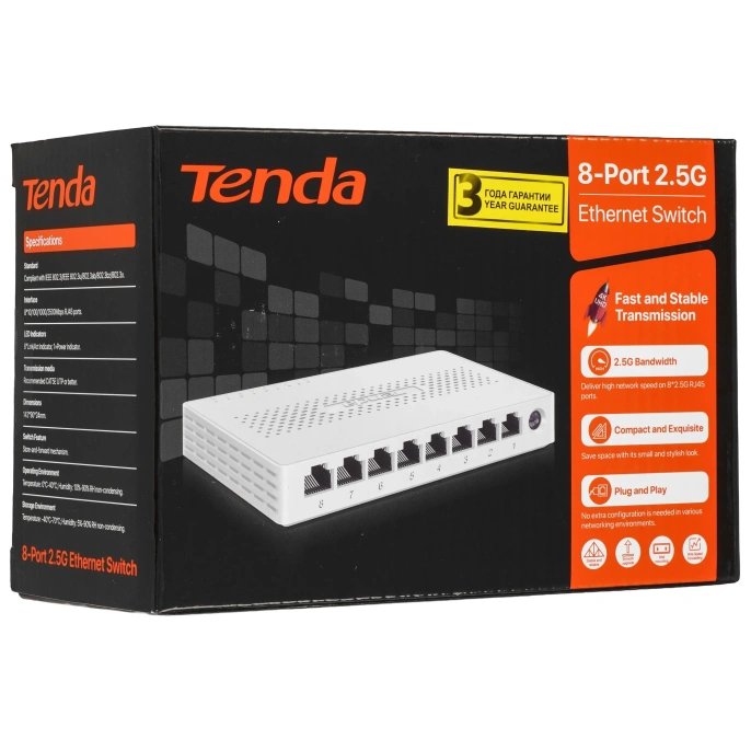 Коммутатор неуправляемый Tenda SM108, 8 портов, 8x2,5Гбит / с, настольный, пластиковый корпус