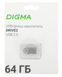 Флешка USB Digma DRIVE2 64ГБ, USB2.0, серебристый [dgfum064a20sr]