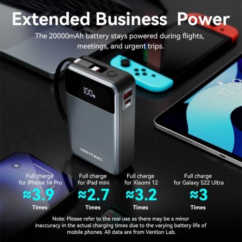 Power Bank Vention 20000mAh USB-C + USB-C/USB-A со встроенным кабелем 65W с LED Дисплеем, шт. FHYB0