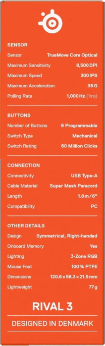 Мышь проводная SteelSeries Rival 3 Gen 2, игровая, оптическая, USB, 8500dpi, черный [62515]
