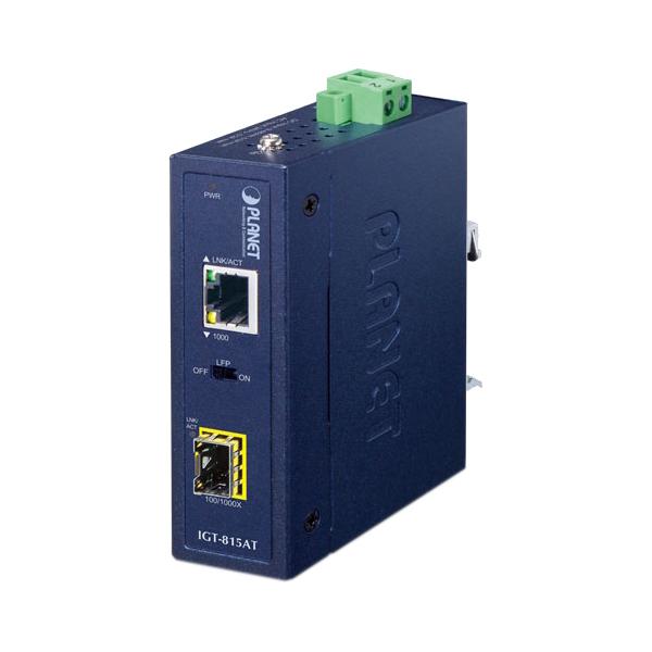 медиа конвертер/ PLANET IGT-815AT IP30 Compact size Industrial 100/1000BASE-X SFP to 10/100/1000BASE-T Media Converter -40 to 75 C, LFP Supported